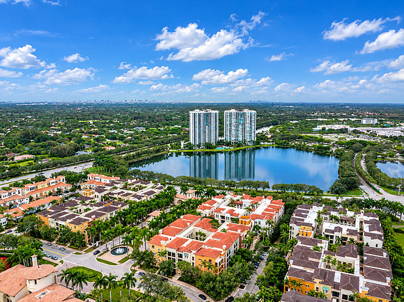 Miami Suburb Panorama with Reflective Lake