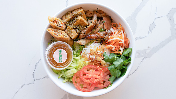 Rice Bowl with Grilled Lemongrass Chicken Eggroll & Tofu_Nine Five Pho
